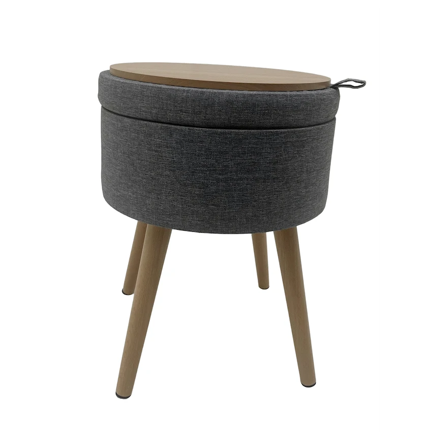 Sophie Round Storage Stool with wooden legs - Grey