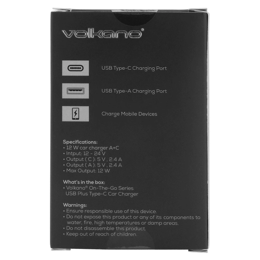 Volkano On-The-Go USB + Type-C 12w Car Charger - Black