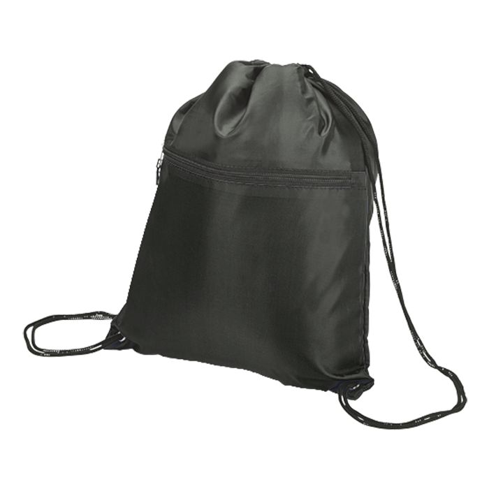 Drawstring Sport Bag with Zip Pocket 210D - Black