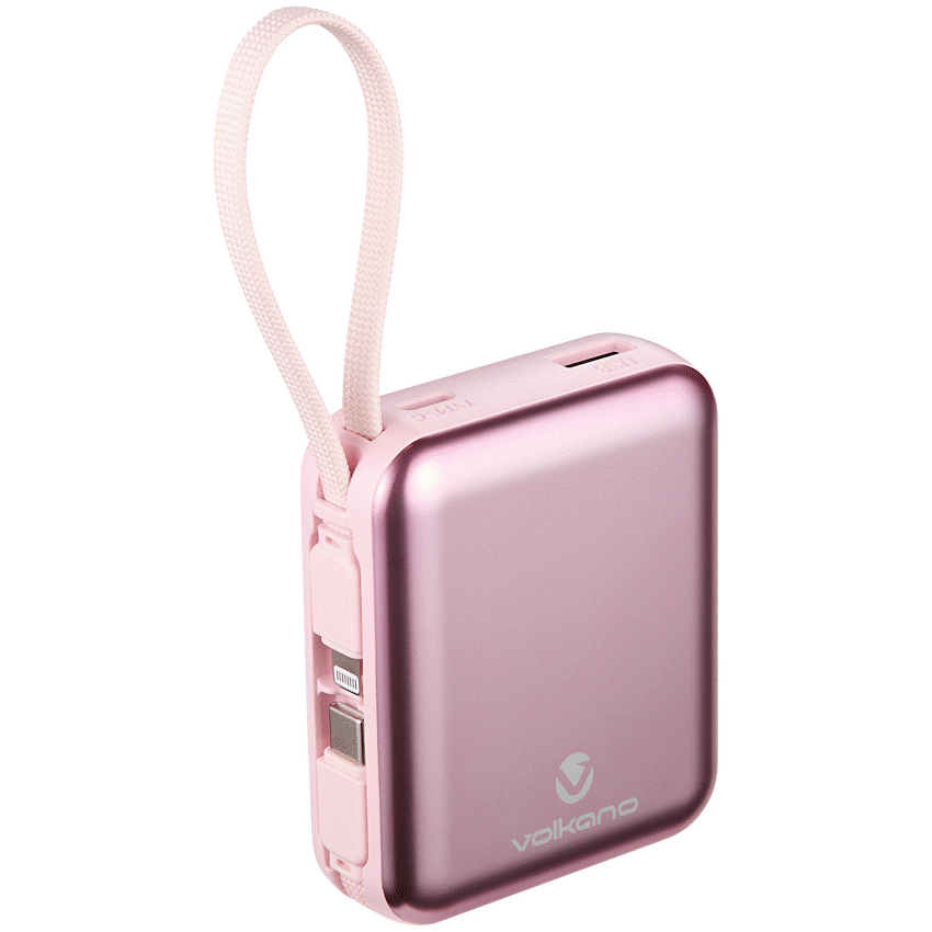 Volkano Solace Series 10 000 mAh Power Bank with Built-in USB-C & Lightning Cable - Pink & Rose Gold