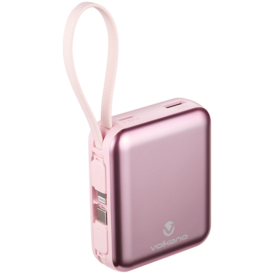 Volkano Solace Series 10 000 mAh Power Bank with Built-in USB-C & Lightning Cable - Pink & Rose Gold
