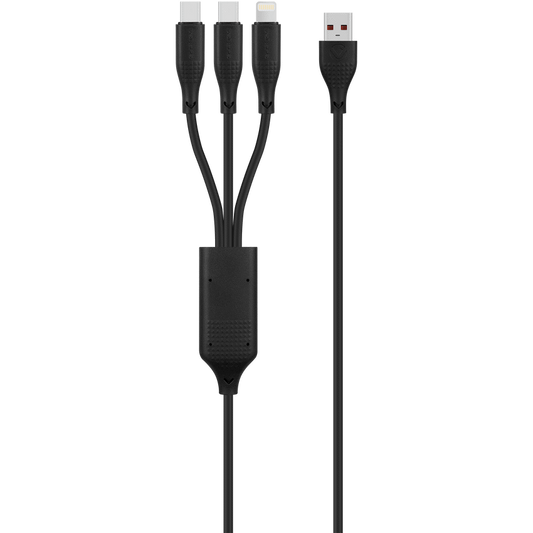 Volkano Nova Series USB-A to 2 USB-C and Lightning Cable 100W 1.2m TPE - Black