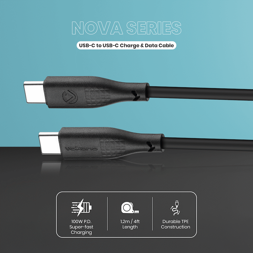 Volkano Nova Series USB C to USB C 100W 1.2m TPE cable-Black