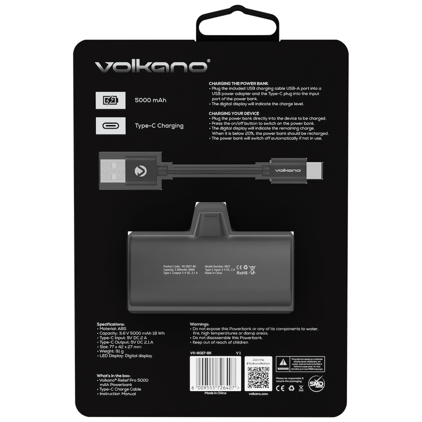 Volkano Relief Pro Power Bank - 5000mah Type-C Direct Plug-in