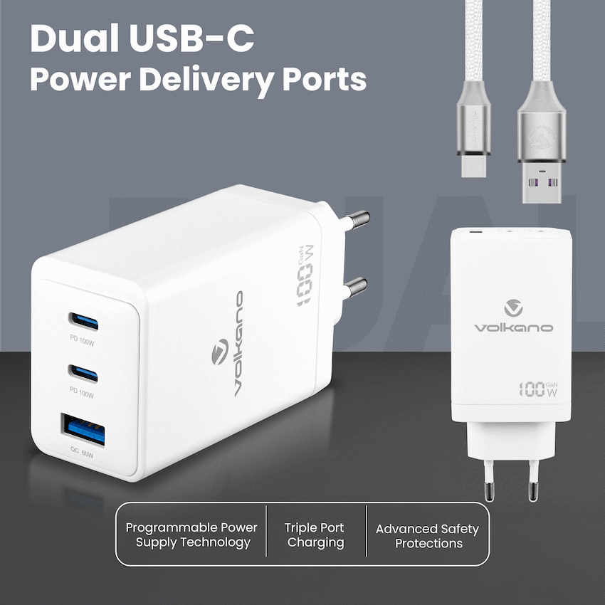 Volkano WattPro Series Triple Port 100W GaN Wall Charger - White