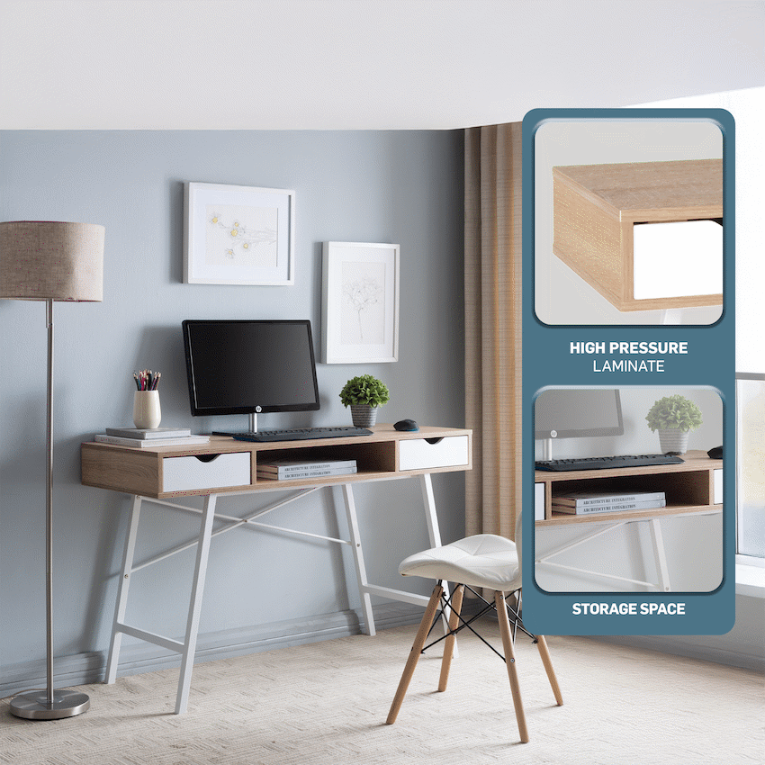 Everfurn Rain Work Desk - Study Desk with Two Drawers, Steel Frame, Adjustable Feet
