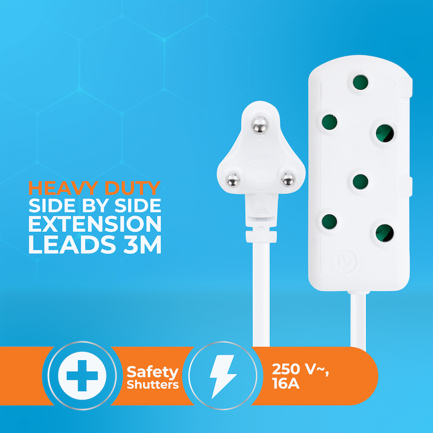 SWITCHED Heavy DUTY Side By Side(SBS) EXTENSION LEADS 3M - WT