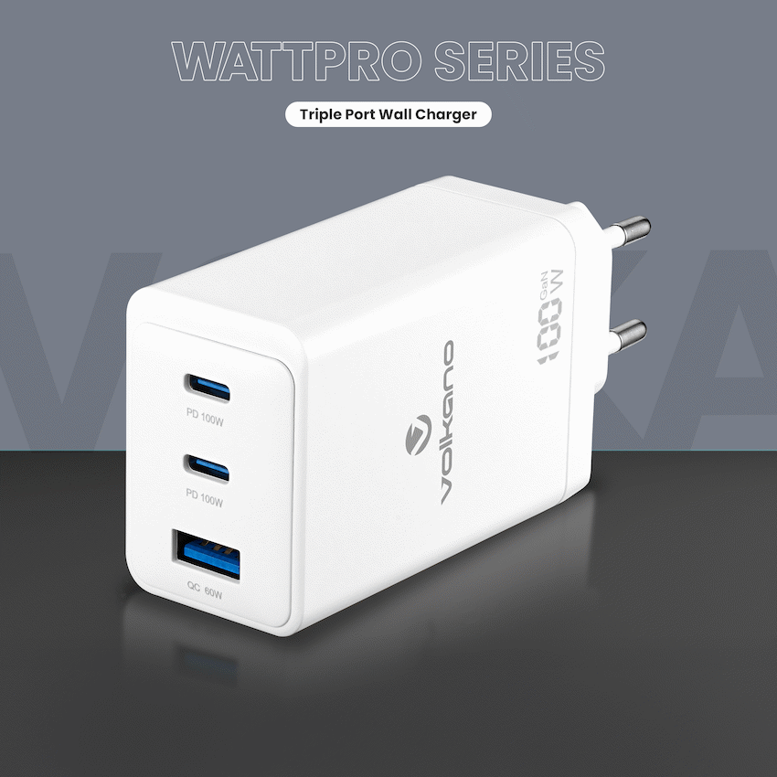 Volkano WattPro Series Triple Port 100W GaN Wall Charger - White