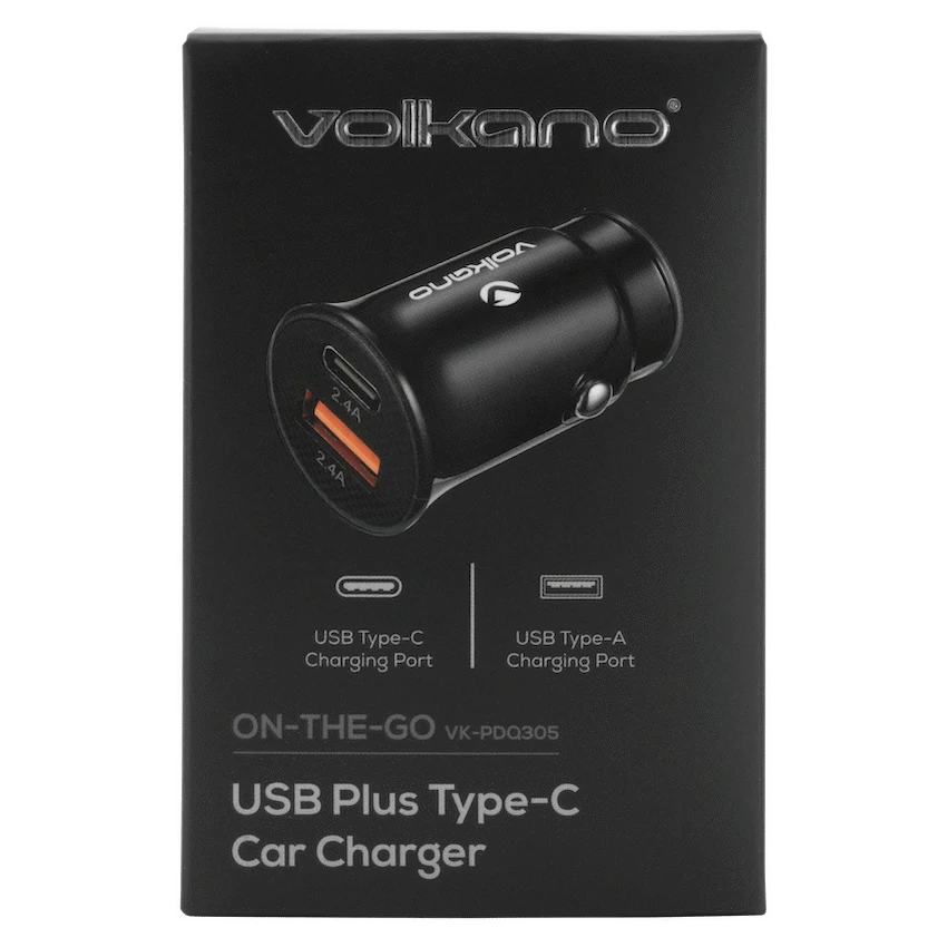 Volkano On-The-Go USB + Type-C 12w Car Charger - Black
