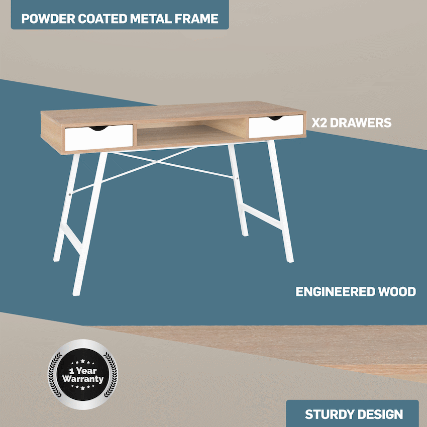 Everfurn Rain Work Desk - Study Desk with Two Drawers, Steel Frame, Adjustable Feet