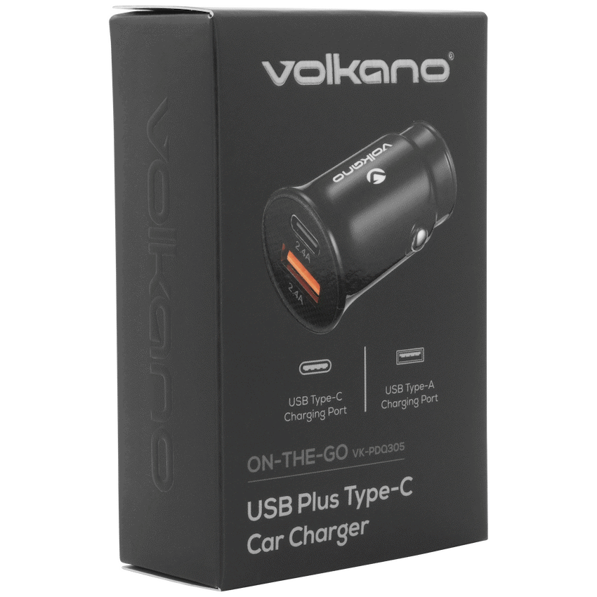 Volkano On-The-Go USB + Type-C 12w Car Charger - Black