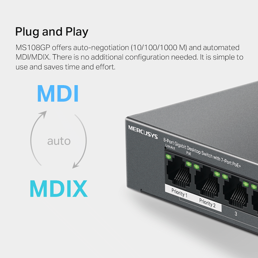 TP-Link Mercusys MS108GP 8-Port Gigabit Desktop Switch with 7-Port PoE+