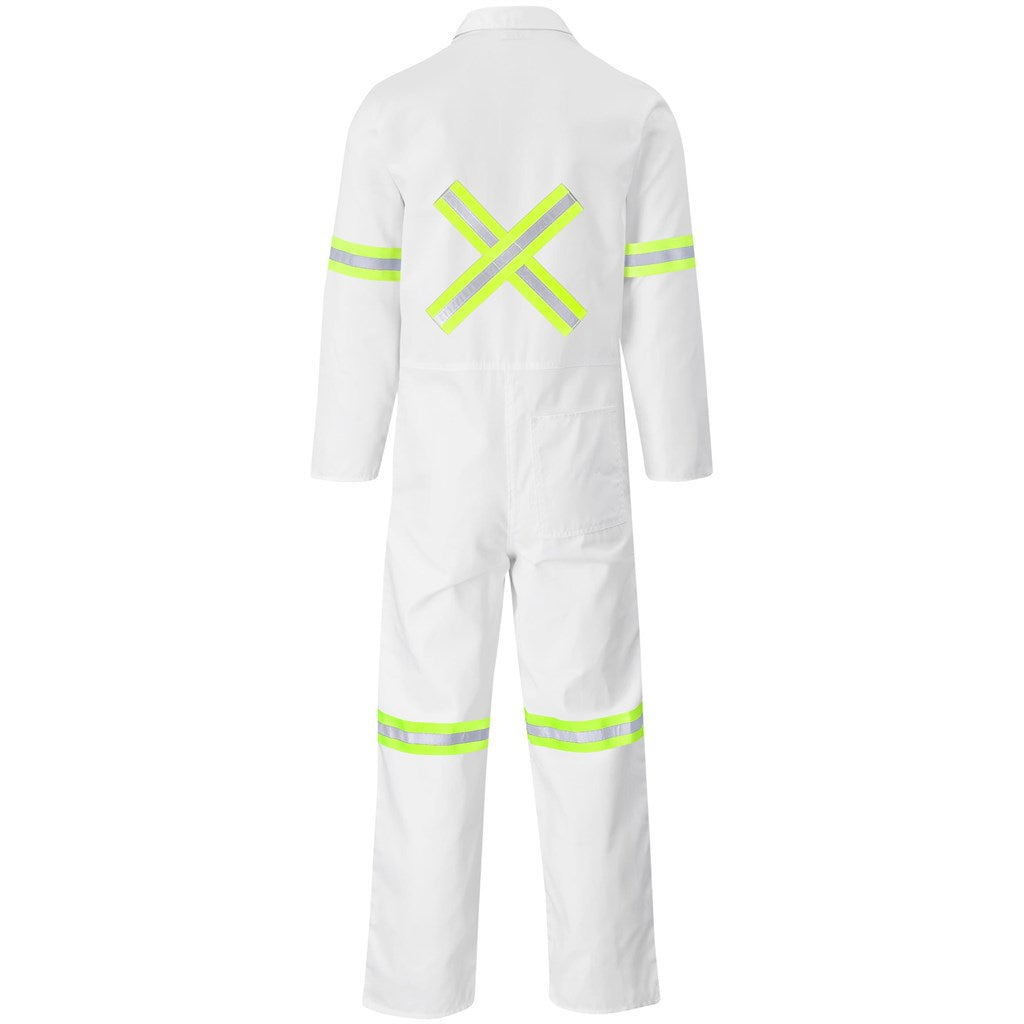 Safety Polycotton Boiler Suit - Reflective Arms Legs & Back - Yellow Tape - WHITE