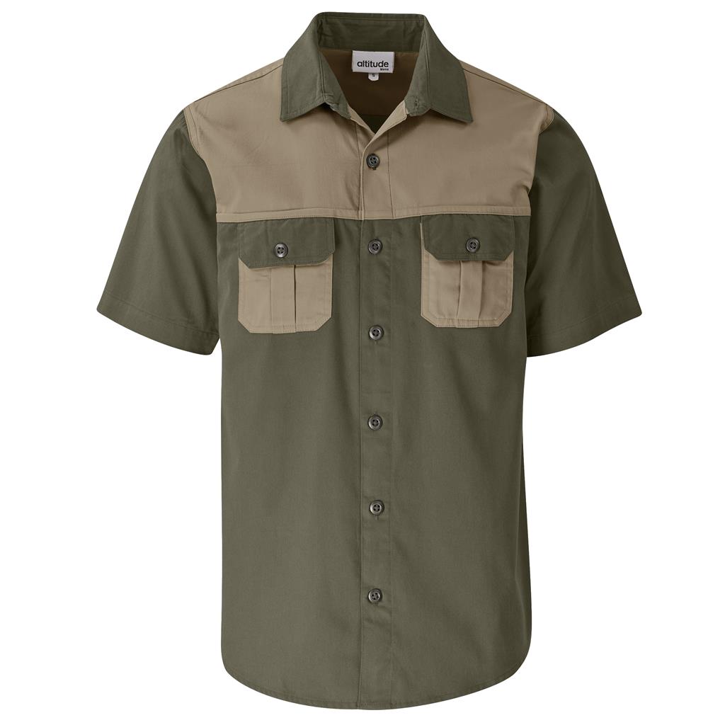 Mens Short Sleeve Serengeti 2-Tone Bush Shirt - MILITARY GREEN