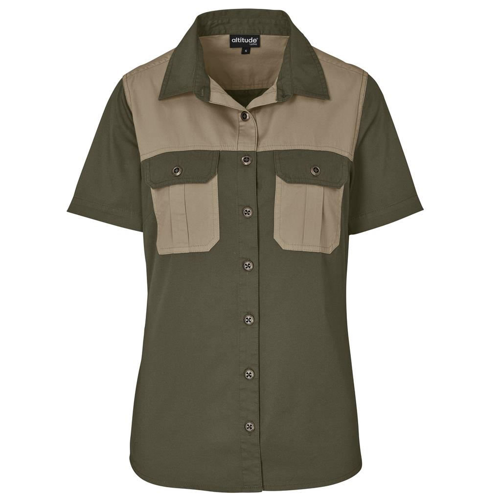 Ladies Short Sleeve Serengeti 2-Tone Bush Shirt - MILITARY GREEN
