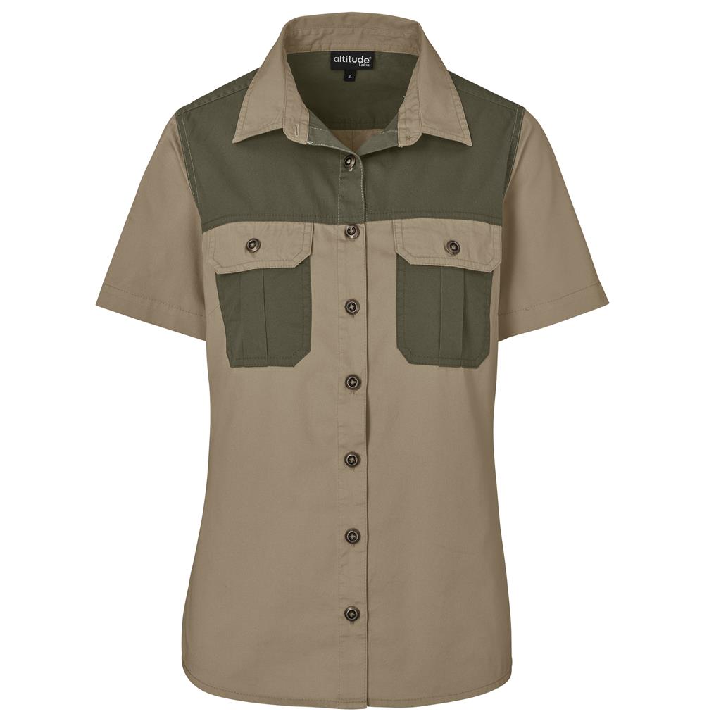 Ladies Short Sleeve Serengeti 2-Tone Bush Shirt - STONE MILITARY GREEN