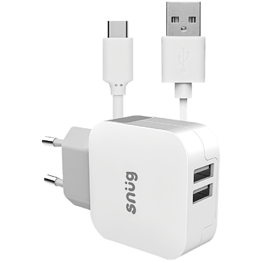 Snug Home Charger With USB Type-C Charge and Sync Cable - White