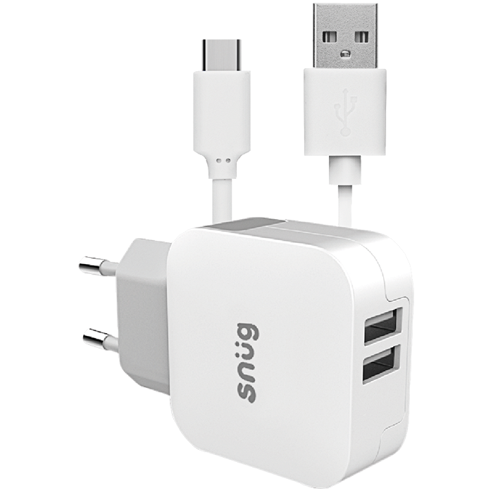 Snug Home Charger With USB Type-C Charge and Sync Cable - White