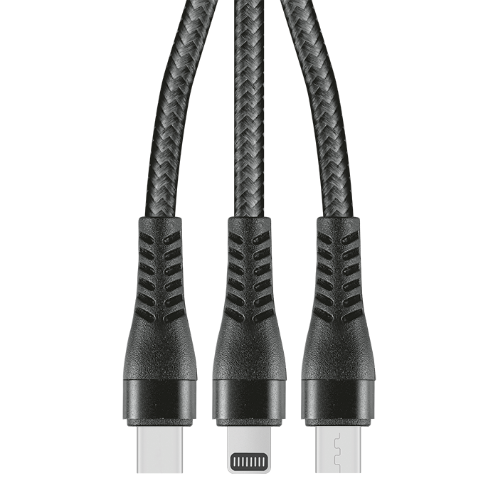 1.2m 3-In-1 Charger Cable Allum alloy and Braiding - Black