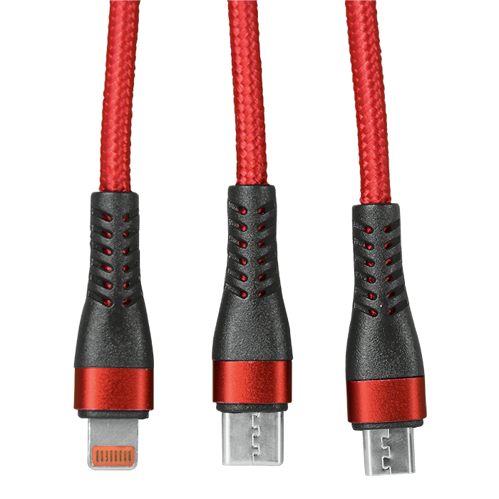 1.2m 3-In-1 Charger Cable Allum alloy and Braiding - Black/Red
