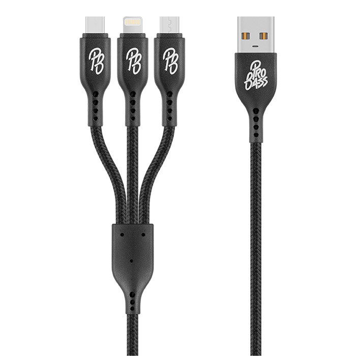 Pro Bass Braided 3 in 1 Charge Cable - Black